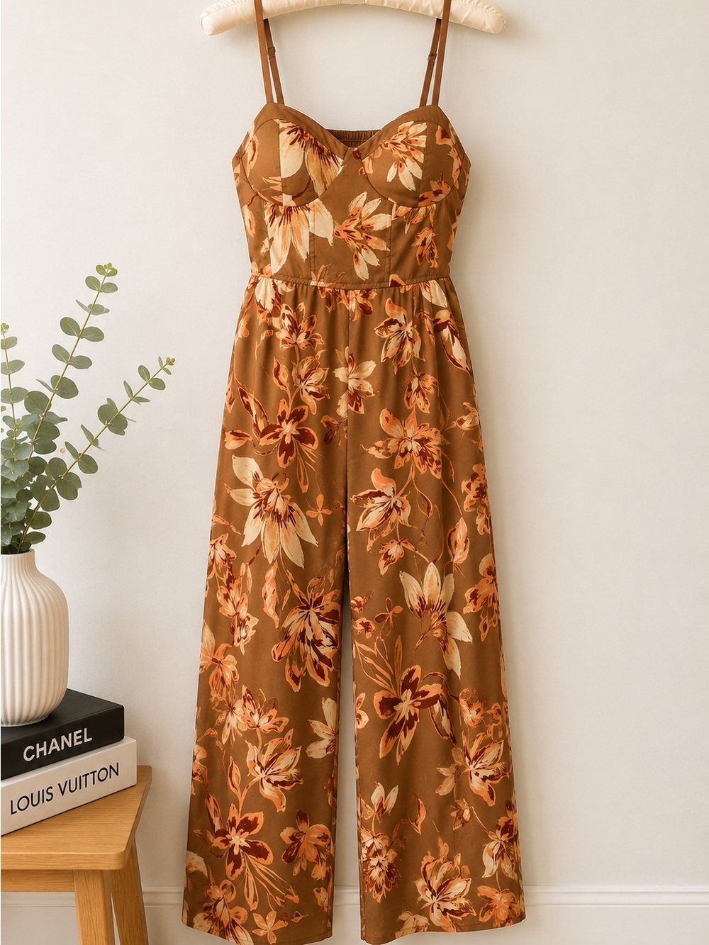 Olive Brown Floral Wide-Leg Spaghetti-Strap Jumpsuit